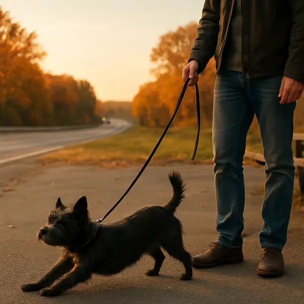 Small black terrier stretching at a roadside rest stop with owner, autumn trees and highway in background during golden hour
