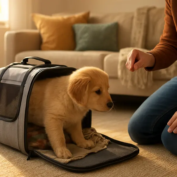 Golden retriever puppy sniffing an open carrier in a sunlit living room while owner offers a treat, blanket and cushions visible