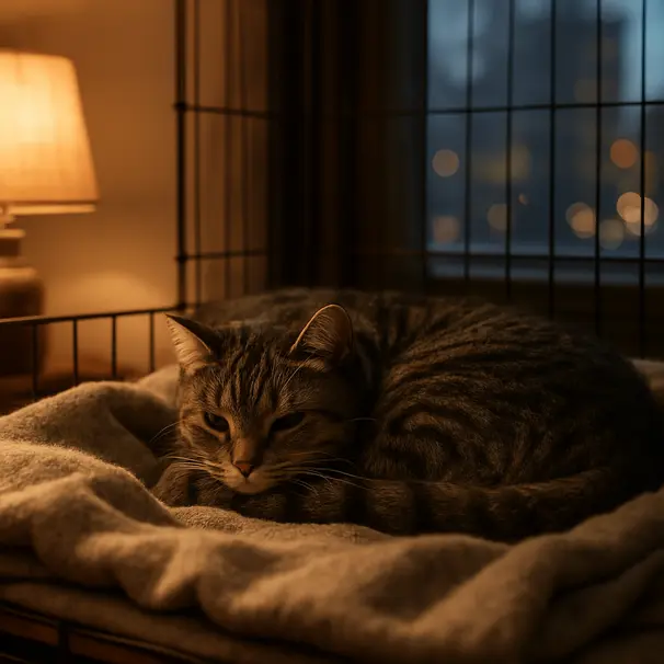 Tabby cat curled on a blanket inside a crate by a window at evening, warm lamp light and city lights visible outside