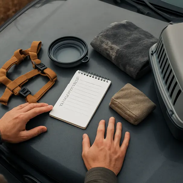 Checklist and pet travel gear on car hood including harness, blanket, collapsible bowl and medication bag during daytime