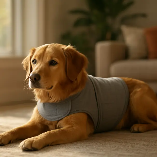 Golden Retriever mix wearing a ThunderShirt lying on a rug in a sunlit living room, calm and relaxed.