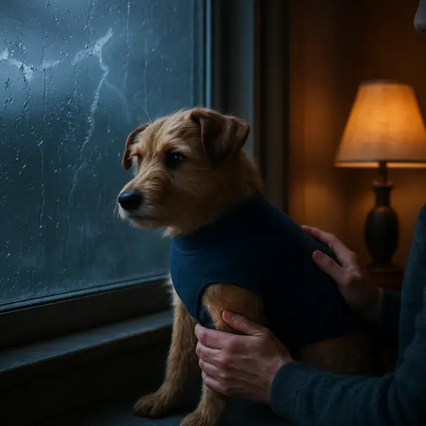 Small terrier in a navy ThunderShirt sitting near an owner by a window during a thunderstorm, rain visible outside, warm indoor lighting.