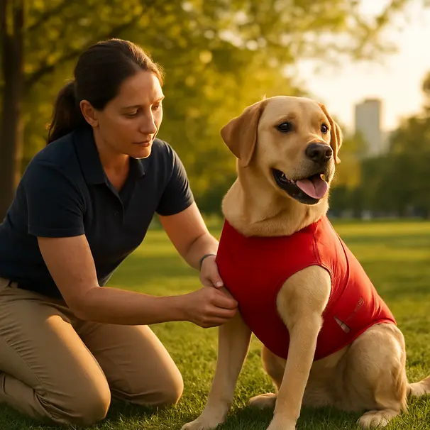 Pet carer adjusting a bright-red ThunderShirt on a Labrador in a park during golden hour, hands securing the fit.