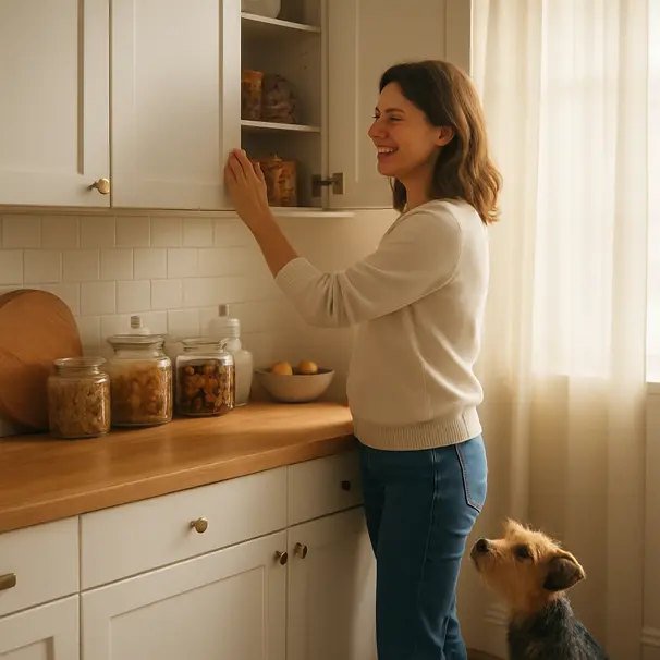 Donna chiude un armadietto in cucina mentre un piccolo terrier osserva, alimenti fuori dalla portata