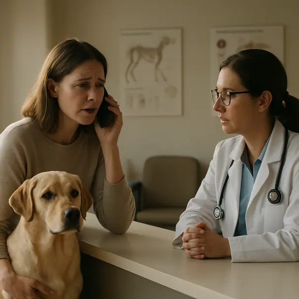 Proprietario al telefono con il veterinario in clinica, labrador seduto accanto, atmosfera preoccupata ma composta