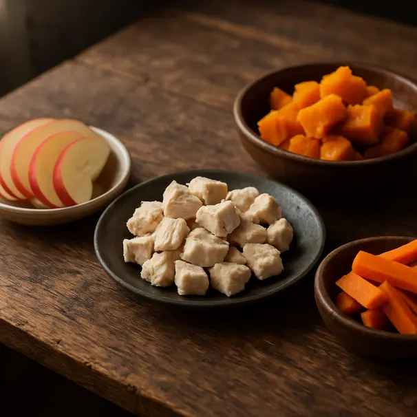 Tavolo rustico con snack sicuri per cani: mele a fette, carote, zucca cotta e pollo, luce naturale laterale