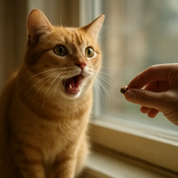 Ginger cat meowing on a windowsill, human hand offering a treat, morning light