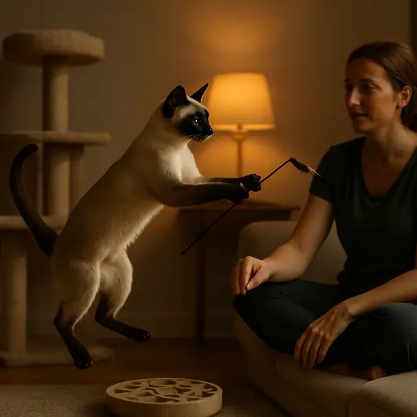 Siamese cat pouncing on a wand toy held by a pet carer under warm lamplight, indoor play scene