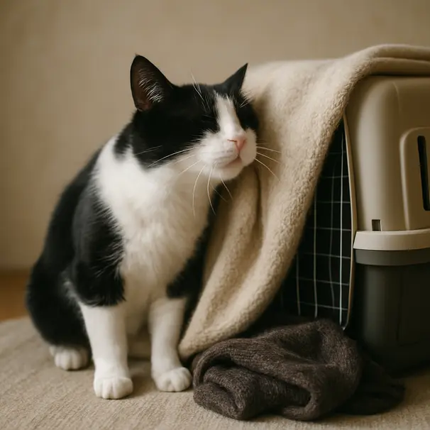 Black-and-white cat bunting a blanket on a carrier next to a scented scarf indoors