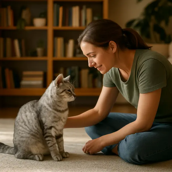 Pet carer crouching to meet a relaxed silver tabby cat indoors, reading its body language with gentle approach
