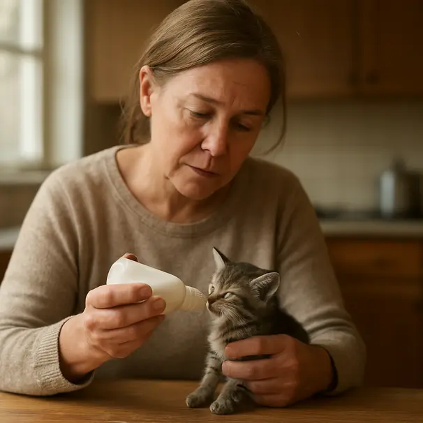 En fostervårdare matar en liten kattunge med flaska vid ett köksbord i mjukt morgonljus.