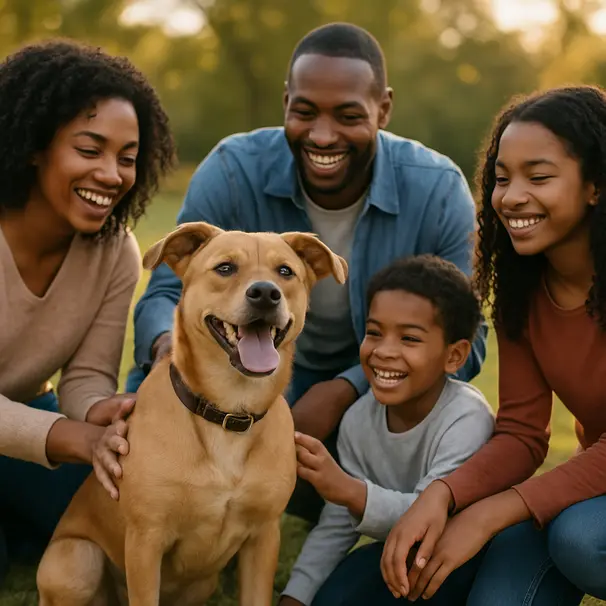 Ett hundmöte i stadsparken vid gyllene timmen, familj böjd ner mot hunden och träd i bakgrunden.