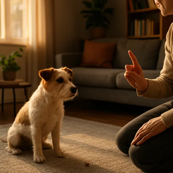 Terrier on living room rug looking at owner who offers a treat, warm indoor setting, training moment