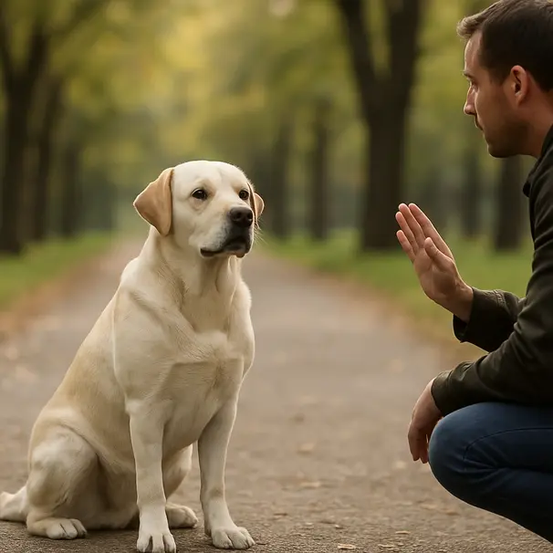 Adult Labrador sitting on park path with owner kneeling nearby, trees and soft light