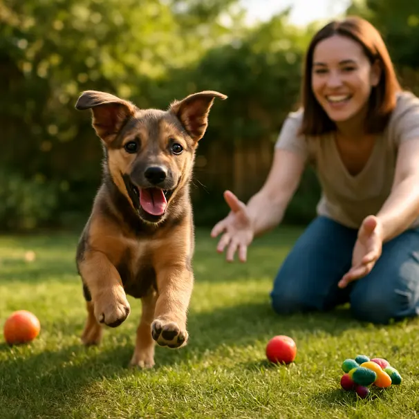 Mixed-breed puppy running toward owner in sunny backyard, toys on grass, playful moment