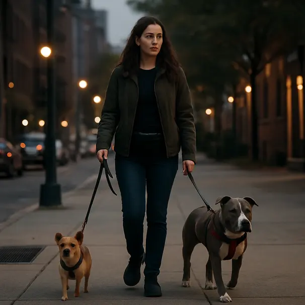 Pet carer and owner walking two dogs on a city sidewalk at dusk, streetlights and urban background