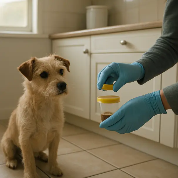 Pet carer raccoglie un campione di feci in cucina, piccolo terrier, contenitore sul piano di lavoro