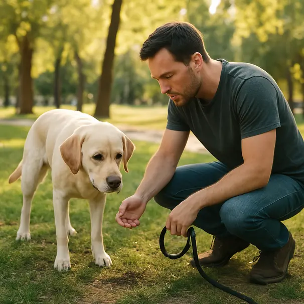 Proprietario osserva le feci del cane durante una passeggiata nel parco, cane Labrador su erba, luce solare
