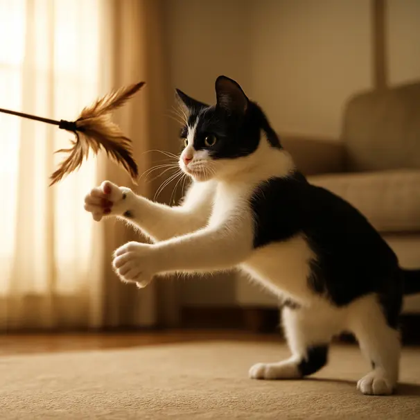 Nuori mustavalkoinen kissa pomppaa sulkalelun kimppuun olohuoneessa, liike taltioitu ja valo suodattuu verhoista.