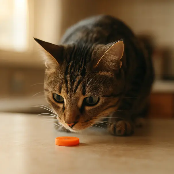 Domestic shorthair cat indoors sniffing a small raw carrot slice on a kitchen counter, warm window light, close-up showing whiskers and nose