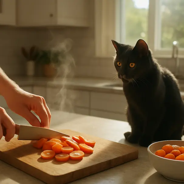 Person slicing steamed carrots on a cutting board in a sunny kitchen, a black cat watches nearby, showing preparation of safe cat-friendly carrot pieces