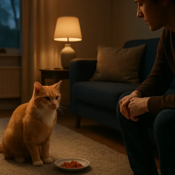 Orange tabby cat in a living room at dusk next to a plate with small cooked carrot pieces, person watching the cat for any reaction, calm indoor setting