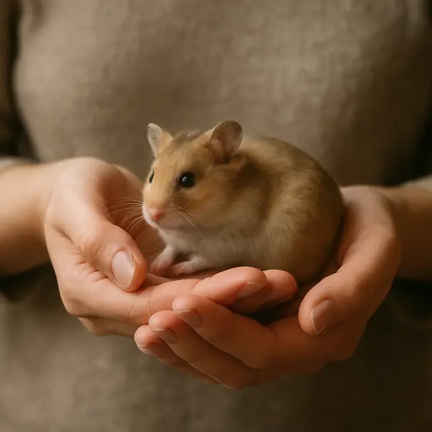 Primo piano di un pet carer che tiene delicatamente un roditore sostenendo il corpo, mostrando una presa sicura e il pet rilassato.