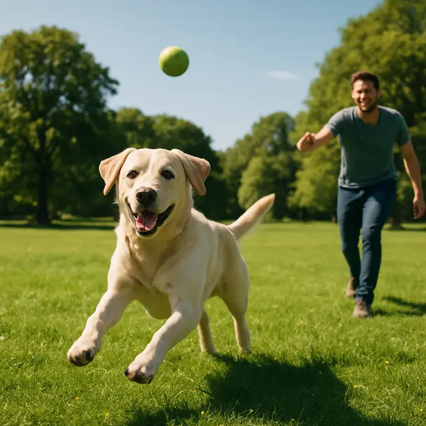 Labrador che corre in un parco soleggiato mentre il proprietario lancia una palla