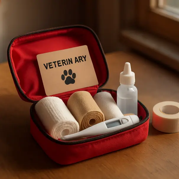 Kit di primo soccorso per piccoli animali su tavolo in legno, con garze, soluzione salina, termometro digitale e contatto veterinario in vista.