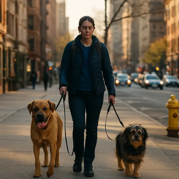 Pet carer che cammina in città con due cani di razze diverse al guinzaglio, luce pomeridiana