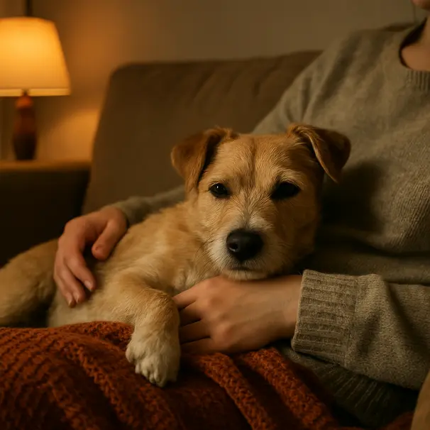 Piccolo cane accoccolato sul divano con il proprietario di sera, luce lampada calda