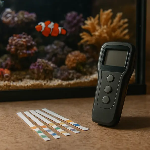 Aquarium test strips and a digital meter next to a saltwater reef tank with coral and a clownfish visible