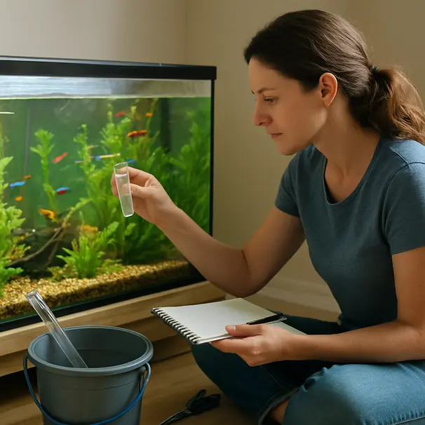 Pet carer testing aquarium water with a test kit and notebook, gravel vacuum and bucket beside a planted community freshwater tank