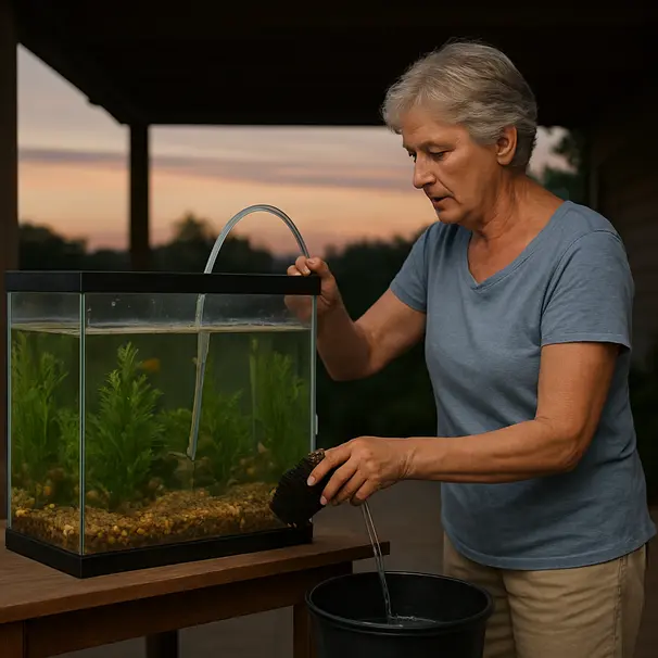 Experienced carer doing a water change outdoors at dusk, siphoning gravel and rinsing filter media in a bucket beside a large aquarium