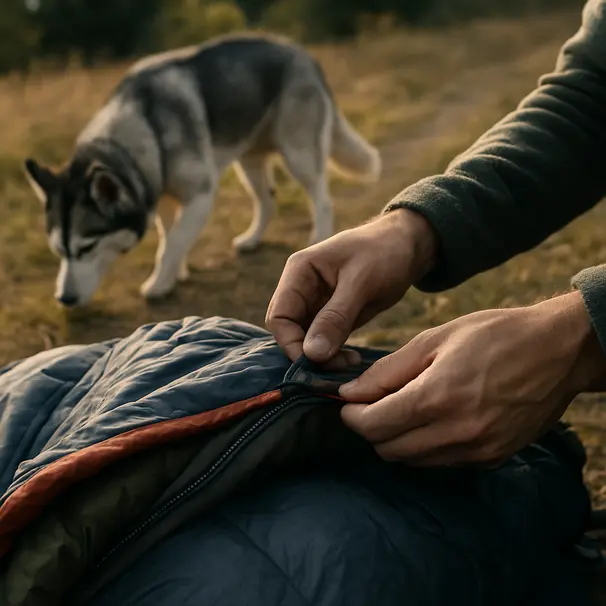 Person inspecting a dog sleeping bag zipper and insulation on a trail with a husky nearby in the morning