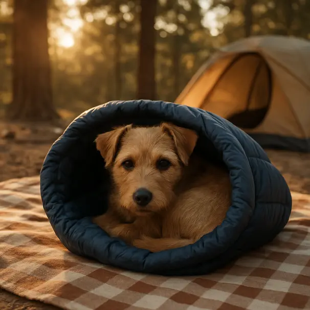 Small brown terrier curled inside a navy-blue sleeping bag on a picnic blanket at a campsite during golden hour