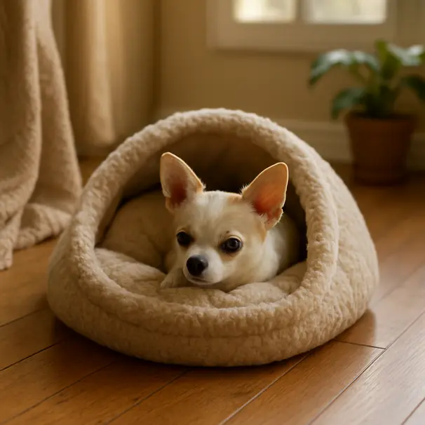 Chihuahua curled inside a plush sleeping pod in a cozy living room with soft afternoon light