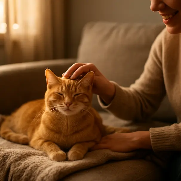 Persona che accarezza un gatto rosso sul divano in un interno luminoso, momento di relax.