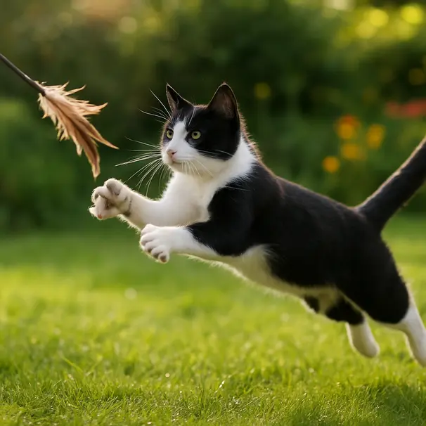 Gatto bianco e nero che salta inseguito da un giocattolo piumato in un giardino soleggiato di mattina.
