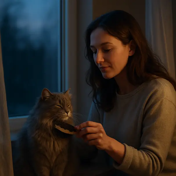 Pet carer che spazzola un gatto grigio vicino a una finestra al crepuscolo, atmosfera tranquilla.