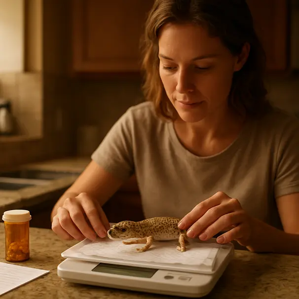 Pet carer weighing a leopard gecko on a digital scale at a kitchen counter, with care notes and feeding supplies nearby