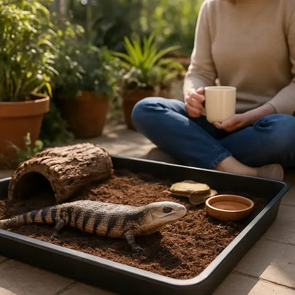 Blue-tongue skink exploring a supervised outdoor enclosure on a patio in bright morning light, owner watching nearby