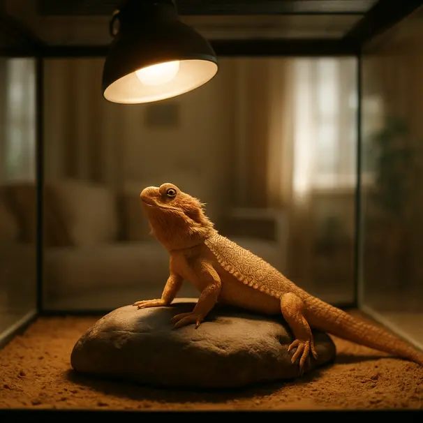 Bearded dragon resting on a basking rock under a heat lamp in a home terrarium, with a living room background visible