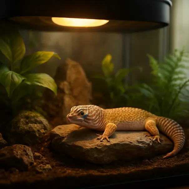 Terraario olohuoneessa, gekko lepäilee lämpimällä kivellä, näkyvissä valolähde ja kasveja