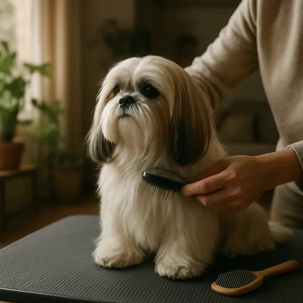 Shih Tzu being gently brushed on a non-slip mat in a cozy living room with natural window light