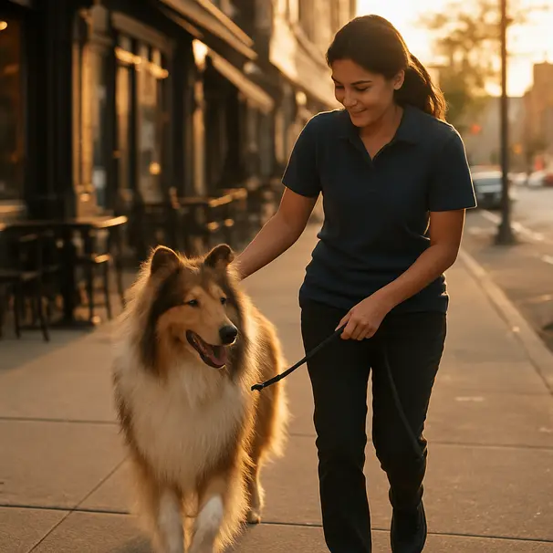 Pet carer walking a rough Collie along an urban sidewalk with cafes during golden hour, showing friendly interaction