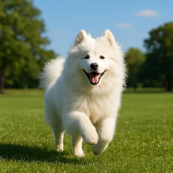Samoyed running joyfully across a green park with fur flowing and bright blue sky in the background