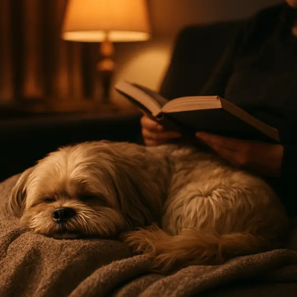 Lhasa Apso curled on a person's lap in a cozy living room with warm lamplight and a soft blanket
