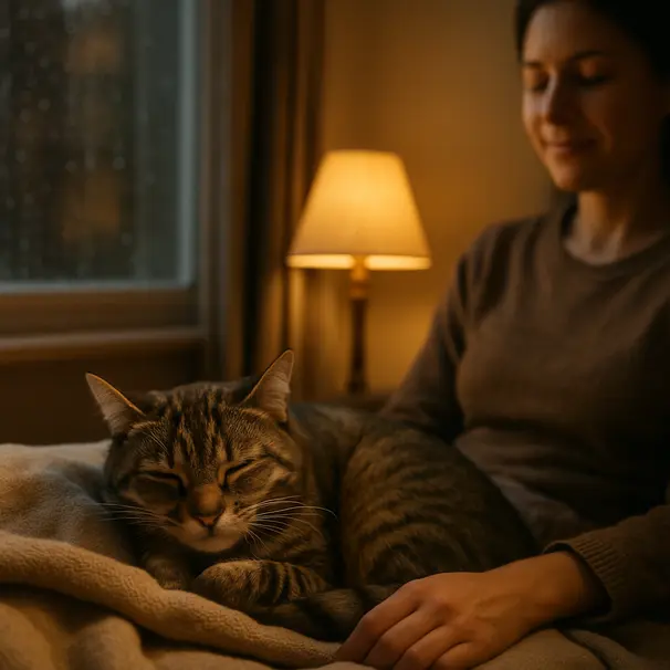 En kat krøllet sammen på et tæppe ved siden af en pet carer i en hyggefyldt stue, regn udenfor