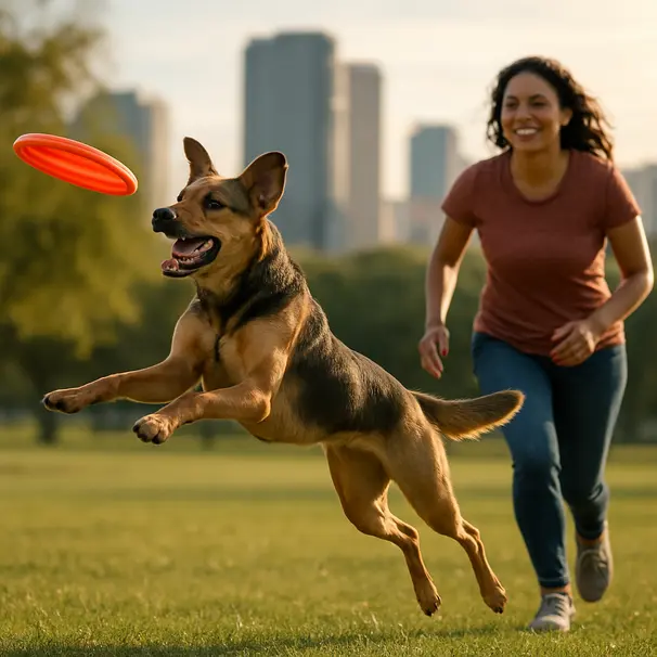 En ung blandingshund hopper efter en frisbee i en solrig park med en pet carer ved siden af